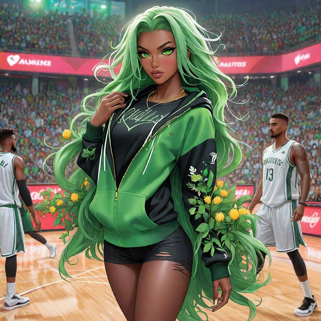  anime art very beautiful, girl, dark black skin woman, bright green eyes, hooded eyes, long hair, green dreads, plump lips, sharp angled eyebrows, roman nose, pointed ears, piercings, heart shaped face, green vine tattoos, flowers in hair, lean figure, long legs, fireflies, pollen, black and gold basket ball jersey, basketball court., award winning, professional, highly detailed, masterpiece