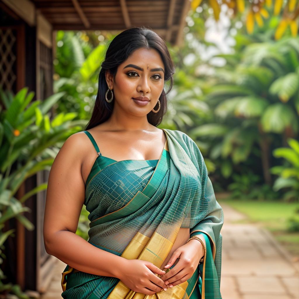  A Huge chubby Woman holding mangos in Hand, Saree and pallu, Clean face, mango Trees, No saturation, low vibrant hyperrealistic, full body, detailed clothing, highly detailed, cinematic lighting, stunningly beautiful, intricate, sharp focus, f/1. 8, 85mm, (centered image composition), (professionally color graded), ((bright soft diffused light)), volumetric fog, trending on instagram, trending on tumblr, HDR 4K, 8K