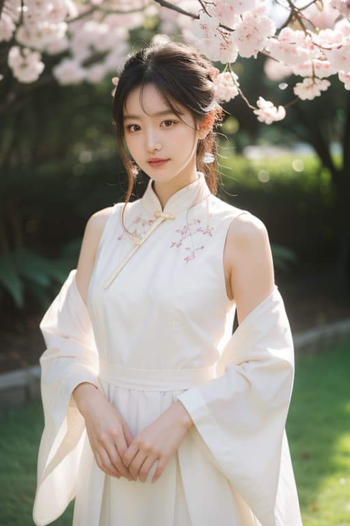  a beautiful young chinese woman wearing a traditional white dress, standing against a soft, elegant background. she has a gentle smile, radiating warmth and kindness. her hair is styled in a simple yet elegant manner, possibly with traditional hairpins or a flowing design. the setting is serene, with subtle hints of nature like cherry blossoms or bamboo in the background, enhancing the peaceful and graceful atmosphere, the golden jewelry is rendered with precision and accuracy. wearing golden jewelry fashion,the portrait is ultra detailed, with sharp focus and high resolution.,the photograph has a cinematic quality to it, with dramatic lighting that emphasizes the beauty of the model ,the richness of her surroundings. , the model’s skin a