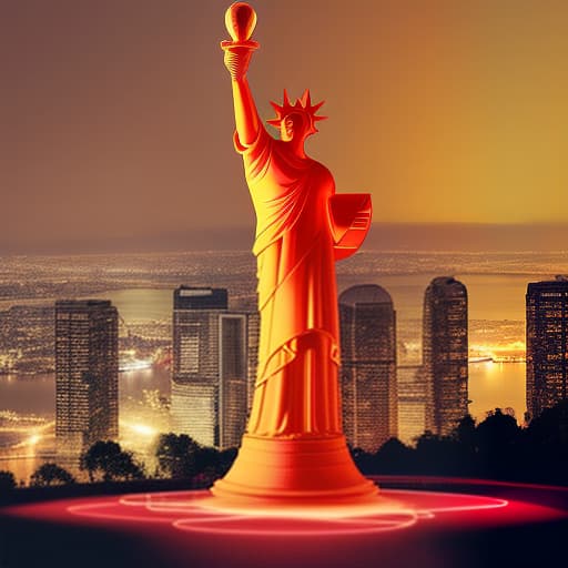 dvarchmodern a statue on top of a hill next to a body of water, flashy red lights, looming over a horde of gold, year 2 0 4 0, diabolic, promotional image, at the world cup, torchlit, around the tower in lights, around the city at night