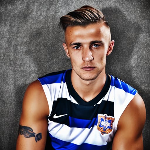 portrait+ style Russian LGBT queer footballer blonde hunk dude face