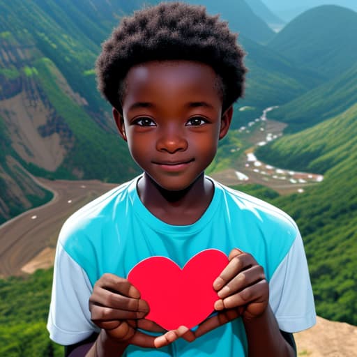  Fair Ghanaian boy holding a heart in his hands on a mountain