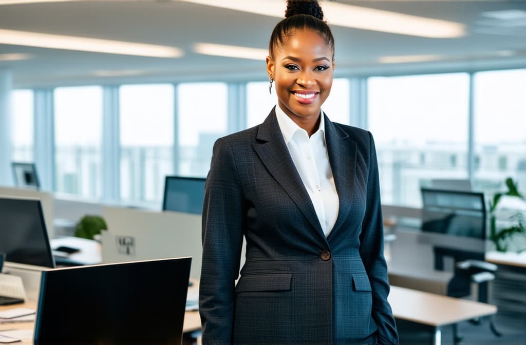  professional detailed photography, portrait of smiling businesswoman with tied up hair standing in open plan office. happy female professional executive manager, financial banking or marketing data. ar 3:2, (muted colors, dim colors, soothing tones), (vsco:0.3)