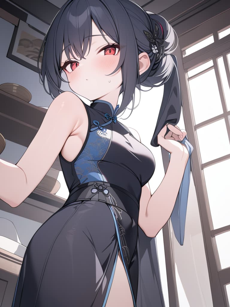  black hair, hairstyle for dumplings, red eyes, chinese style clothes, china clothes, girls, cool, masterpiece, best quality,8k,ultra detailed,high resolution,an extremely delicate and beautiful,hyper detail