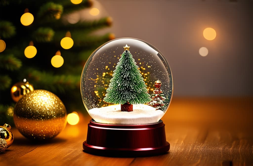  professional detailed photography, christmas snow globe with fir tree and golden decorations on wooden table. holiday background with bokeh lights. holiday decor. flat lay composition with copy space for design and print. ar 3:2, (muted colors, dim colors, soothing tones), (vsco:0.3)