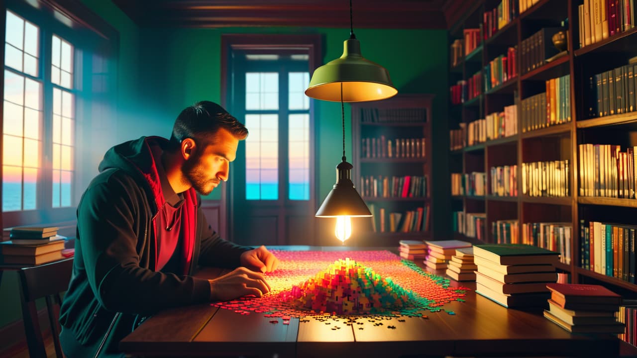  a serene room filled with intricate puzzles, a glowing lamp casting warm light, a wooden table scattered with colorful pieces, a focused person deep in thought, surrounded by books on logic and strategy. hyperrealistic, full body, detailed clothing, highly detailed, cinematic lighting, stunningly beautiful, intricate, sharp focus, f/1. 8, 85mm, (centered image composition), (professionally color graded), ((bright soft diffused light)), volumetric fog, trending on instagram, trending on tumblr, HDR 4K, 8K