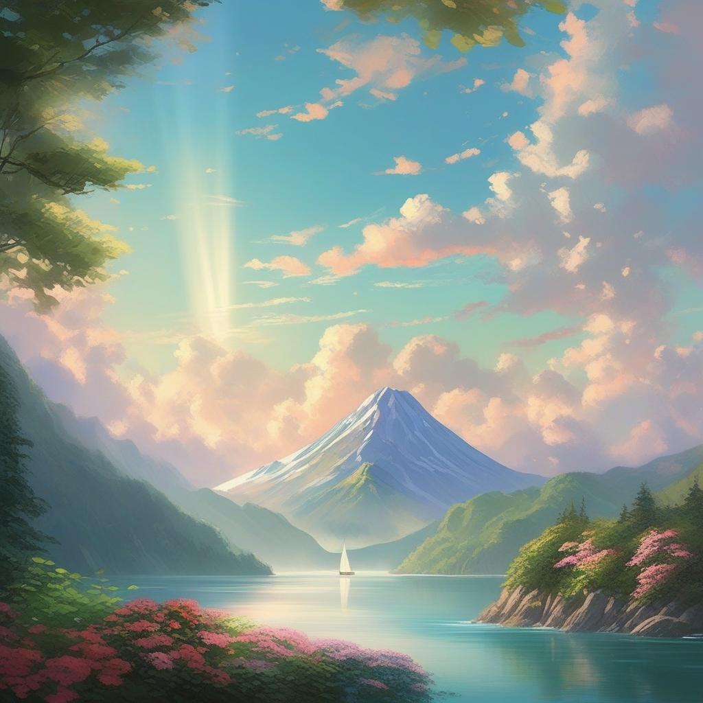  masterpiece, best quality, A majestic mountain rising from the center of a vast, sparkling ocean, surrounded by lush greenery and cascading waterfalls. The sunlight glistens on the crystal-clear water, creating a serene and tranquil atmosphere. The mountain is shrouded in mist, adding an air of mystery and awe. Studio Ghibli-inspired. Rendered in a painterly style with soft, pastel colors to enhance the dreamlike quality.