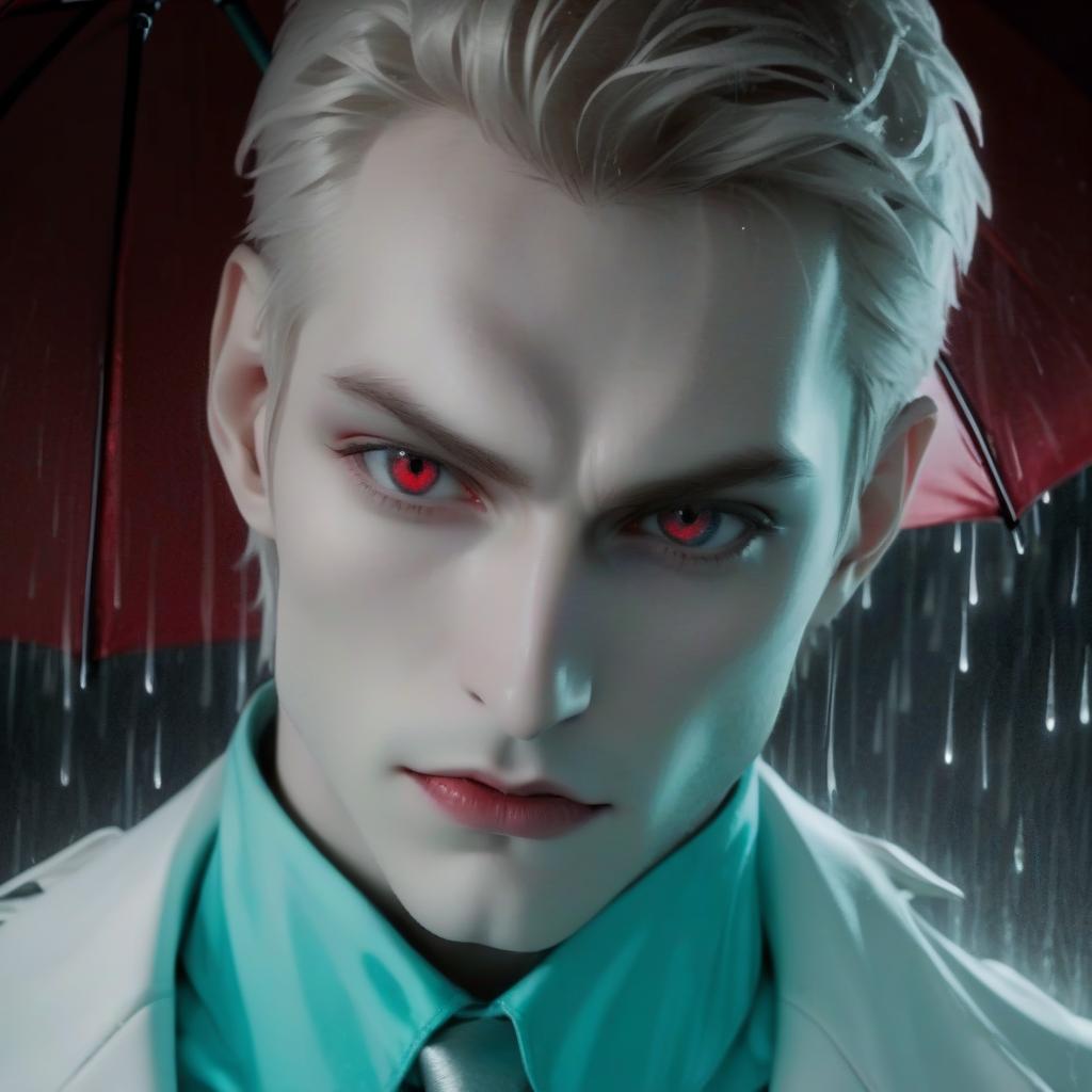  male. vampire. pale skin. sharp features. dangerous look. beautiful eyes. in a white jacket. under a red umbrella. rain.