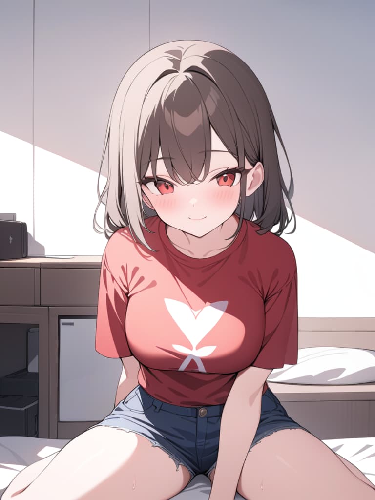  brown hair girl, smile, red t shirt, denim shorts, bed, sitting, masterpiece, best quality,8k,ultra detailed,high resolution,an extremely delicate and beautiful,hyper detail