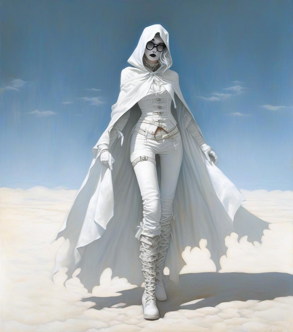  macabre style fantasy. a very thin girl in glasses with white transparent round lenses, in a white handkerchief covering her face, in a leather white openwork corset, in leather pants, with a wide white garter in the form of a white belt and a buckle in the middle of her right thigh, in white wrists, in white gloves, in a leaky openwork cloak. . dark, gothic, grim, haunting, highly detailed, hkmagic, oil painting