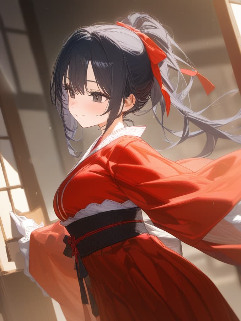  girl, cute face, frill lace, solo, hair ribbon, meiji era, kimono, hakama, black hair gloves, black eyes, red kimono, masterpiece, best quality,8k,ultra detailed,high resolution,an extremely delicate and beautiful,hyper detail