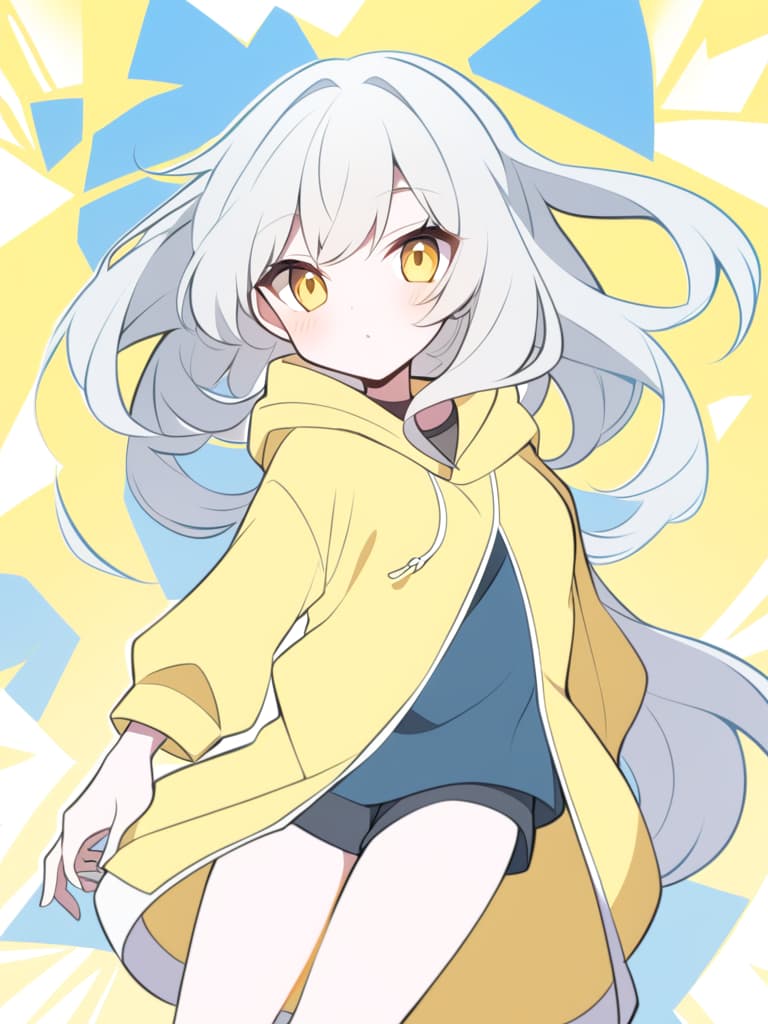  anime girl in yellow hoodie and shorts with yellow background, anime character, 2 d anime style, in blue and yellow clothes, anime style il d, good clothes, rei hiroe, anime cover, we saw, anime style only, in anime style, anime moe art style, (anime girl)