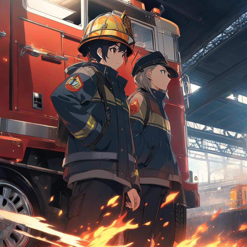  a lot of firefighters, standing in a fire truck, the fire, the water, anime artwork, anime style, key visual, vibrant, studio anime, highly detailed