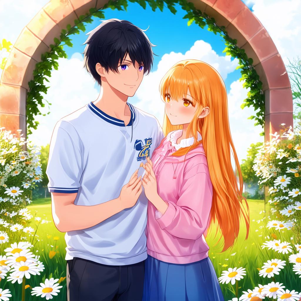  couples pfp, casual clothing, daisy arch background, anime artwork, anime style, key visual, vibrant, studio anime, highly detailed