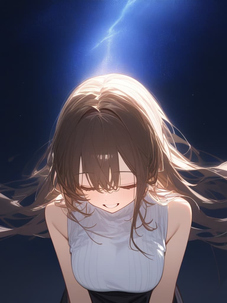  a girl who is laughing at me, bright brown hair, long hair, transparent fleeting, facing here, laughing, under the starry sky, facing here, i am looking at me, wearing a white cardigan over the black sleeveless dress, above the chest, masterpiece, best quality,8k,ultra detailed,high resolution,an extremely delicate and beautiful,hyper detail