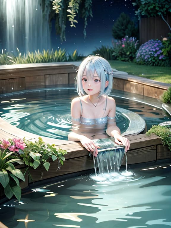  master piece, best quality, ultra detailed, highres, 4k.8k, A old , Enjoys the outdoor hot spring , Relaxed and joyful, BREAK Youthful innocence and nature, Open air hot spring in the nighttime, [Wooden bucket, Towel, Stars in the sky, Surrounding nature], BREAK Peaceful and serene, [Faint steam rising from hot spring water, Moonlight shining on the water surface], AngelicAI,GemstoneAI