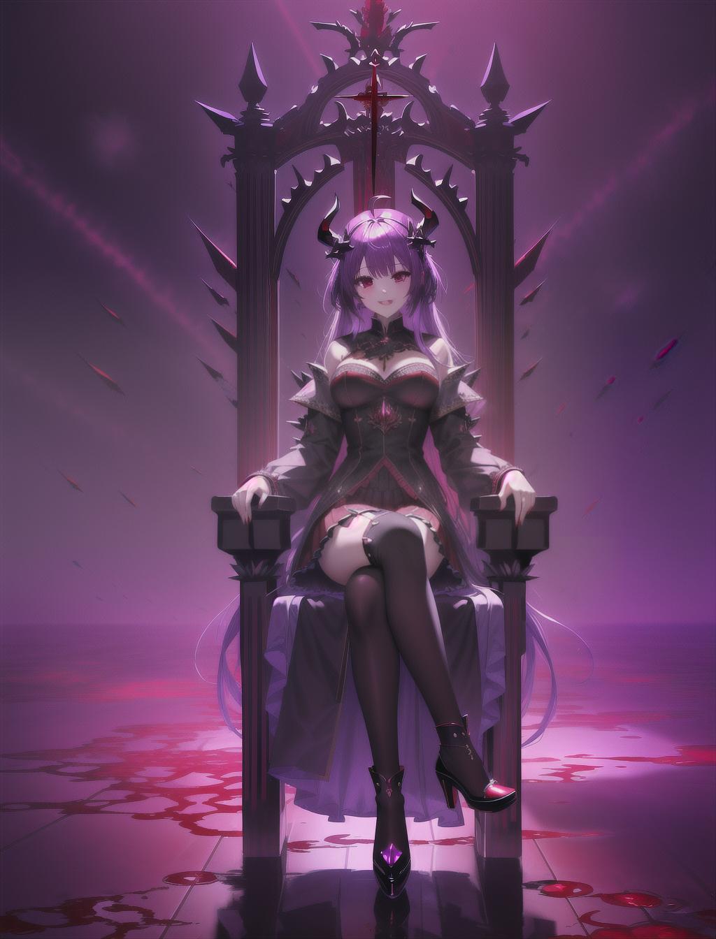  masterpiece, best quality, solo, tall, perfectly proportioned figure, blood red hair with intricate purple patterns, cinematic lighting, piercing red eyes, large black wings, tattoos along her hands, red and purple skirt, black thigh high heels, (tall big throne:1.3), laughing, looking down to camera, (black tall spiky crown:1.2), long thin horns, crossing legs, castle background, (blood floor:1.3)