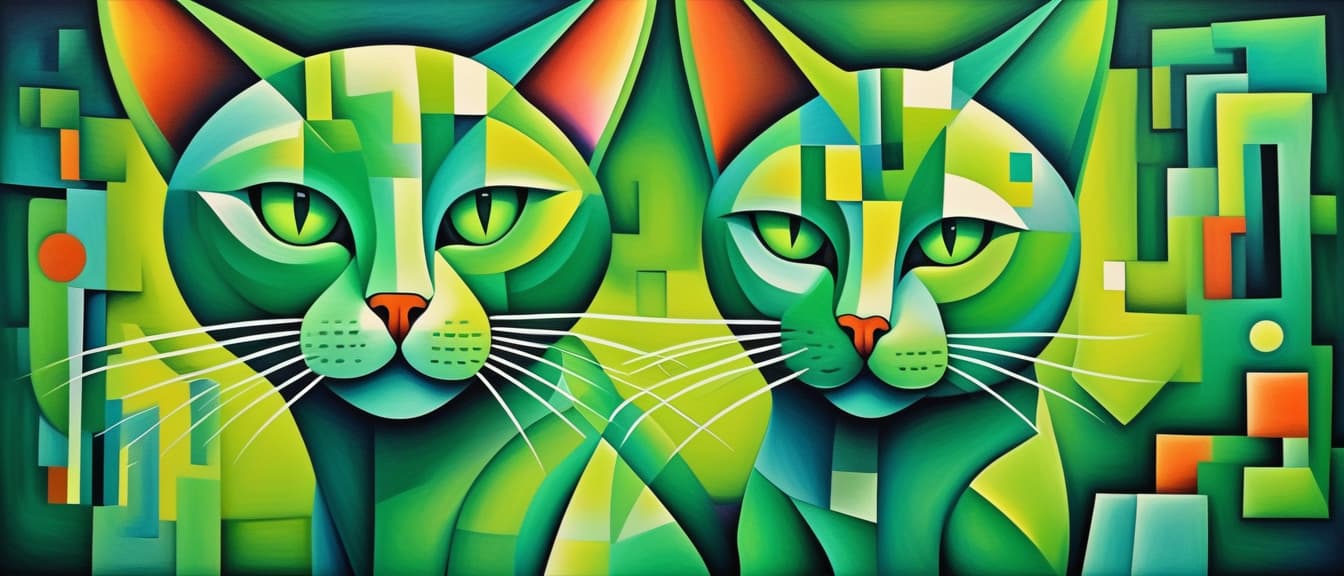  A psychedelic cat with a neo cubist style and a striking green color.