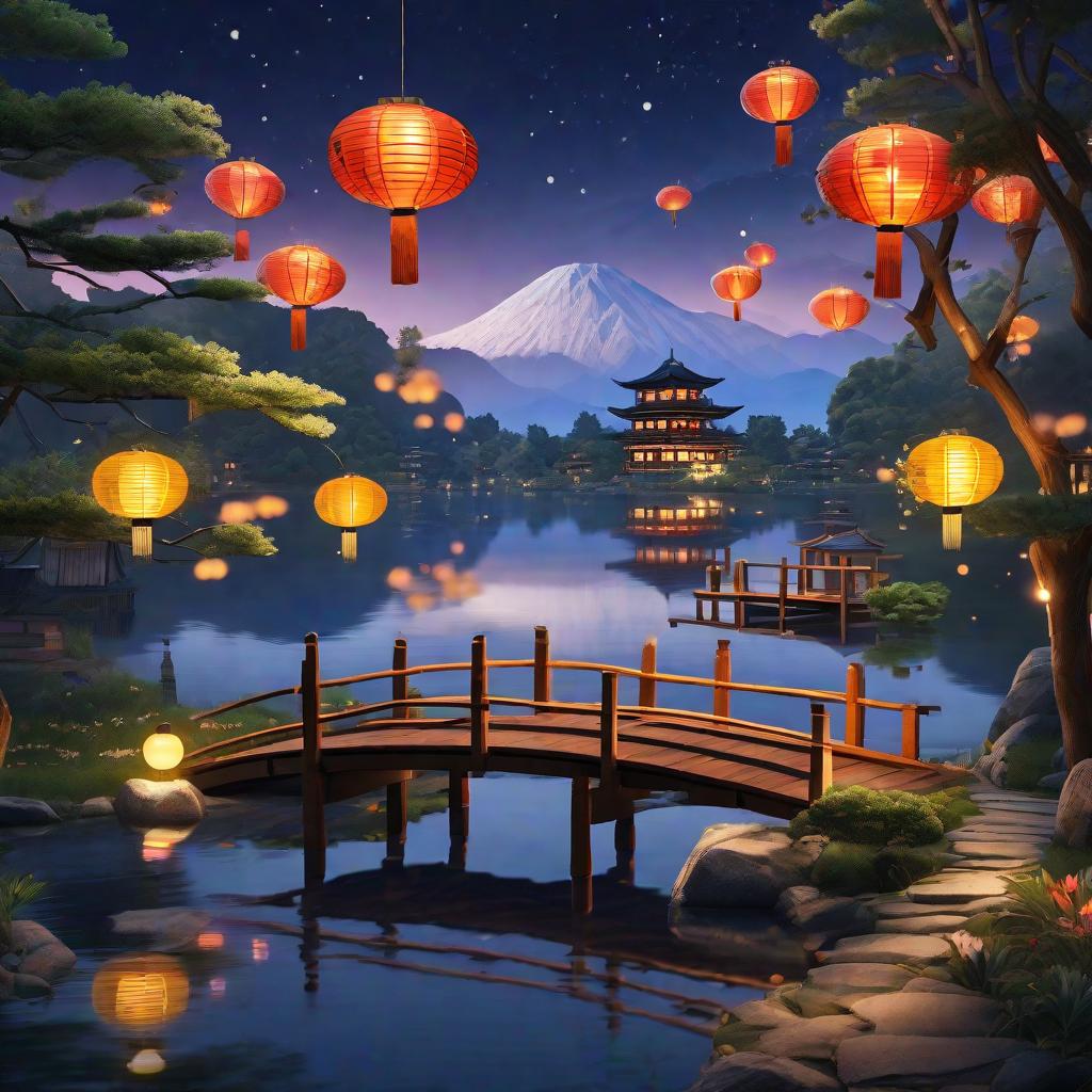  masterpiece, best quality, (Fidelity: 1.4), Best Quality, Masterpiece, Ultra High Resolution, 8k resolution, A night view inspired by Japanese art, featuring a garden illuminated by paper lanterns and a wooden bridge spanning a tranquil lake, by the lakeside, there is a small Zen temple. The water reflects the starry sky.