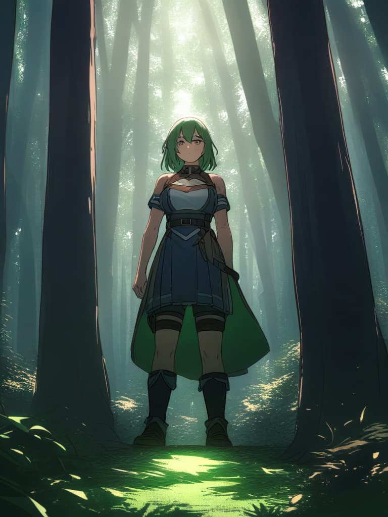  in the forest, the beastman, the female chest, the chest ... launched green hair, standing