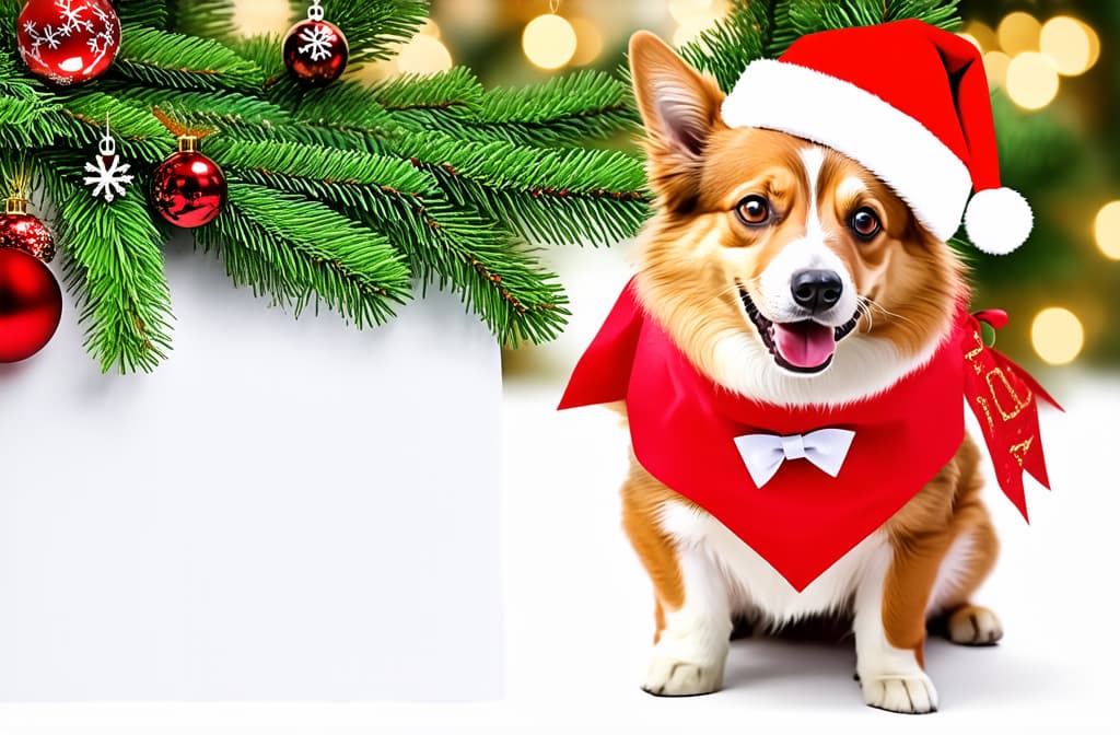  2/3 empty place on left side for text, on right side full body smiling corgy dog in red santa claus hat ar 3:2 {prompt}, maximum details