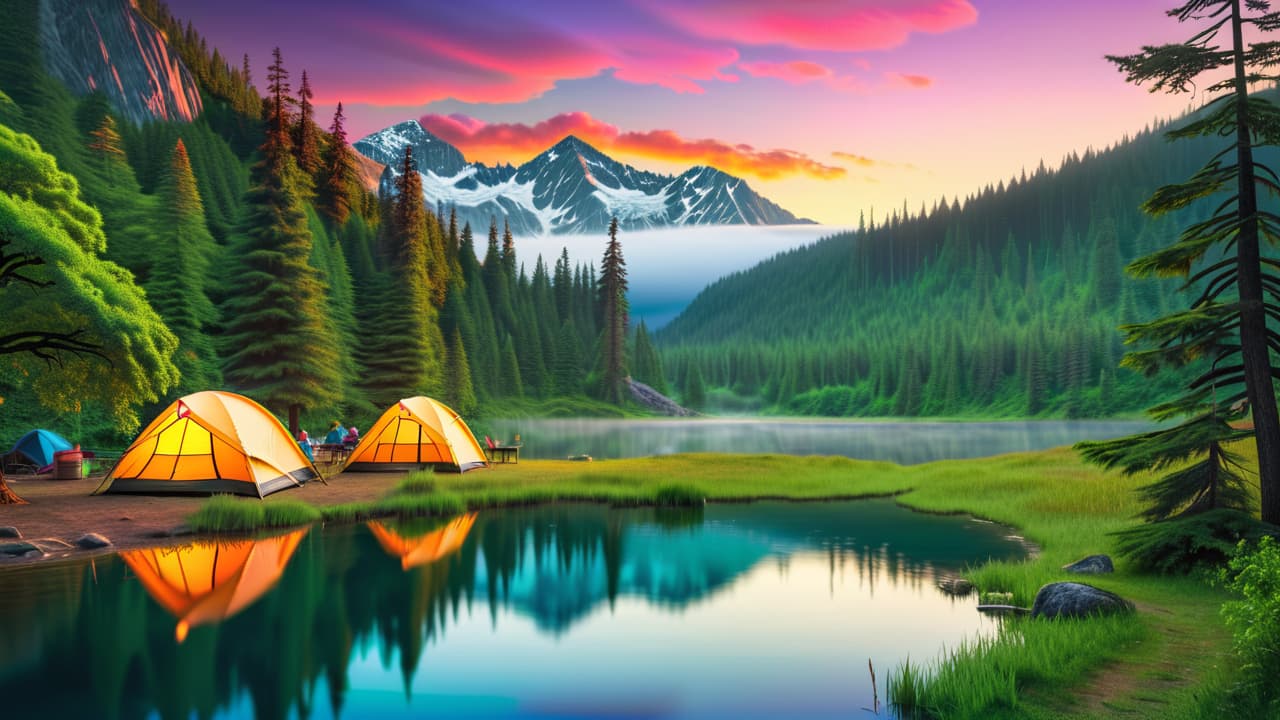  a scenic view of a budget friendly backpacking trail, featuring diverse landscapes: lush green mountains, a sparkling lake, colorful tents pitched under a starry night sky, and travelers sharing stories around a crackling campfire. hyperrealistic, full body, detailed clothing, highly detailed, cinematic lighting, stunningly beautiful, intricate, sharp focus, f/1. 8, 85mm, (centered image composition), (professionally color graded), ((bright soft diffused light)), volumetric fog, trending on instagram, trending on tumblr, HDR 4K, 8K