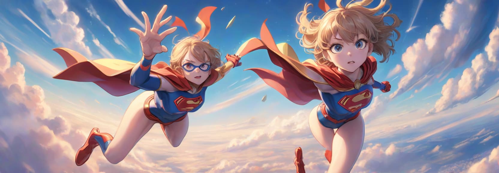  anime artwork dynamic a superhero girl is flying through the sky with one hand looking forward . anime style, key visual, vibrant, studio anime, highly detailed