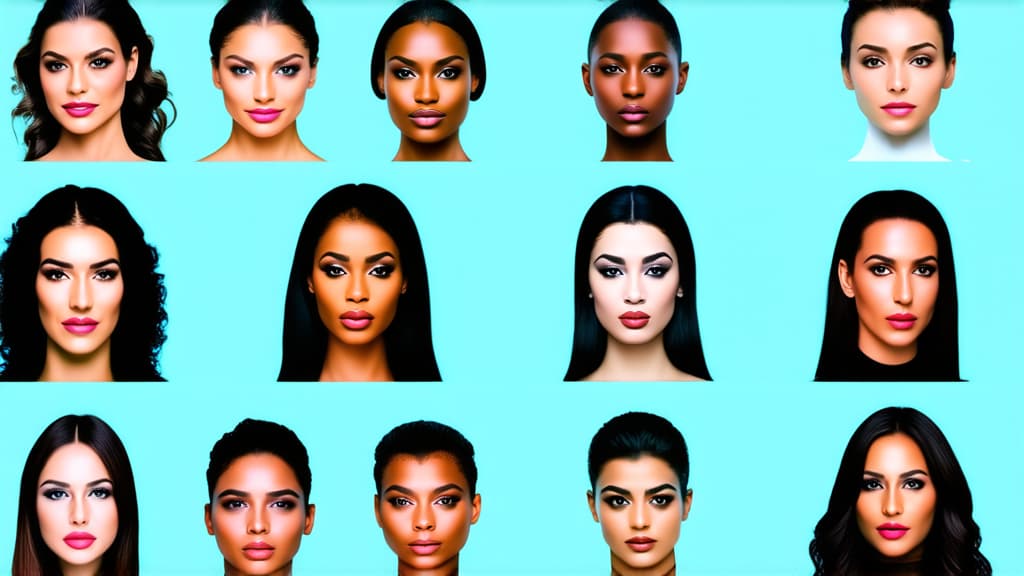  different beauty. set of different female heads on light background. different races and nationalities. ar 16:9, (natural skin texture), highly detailed face, depth of field, hyperrealism, soft light, muted colors