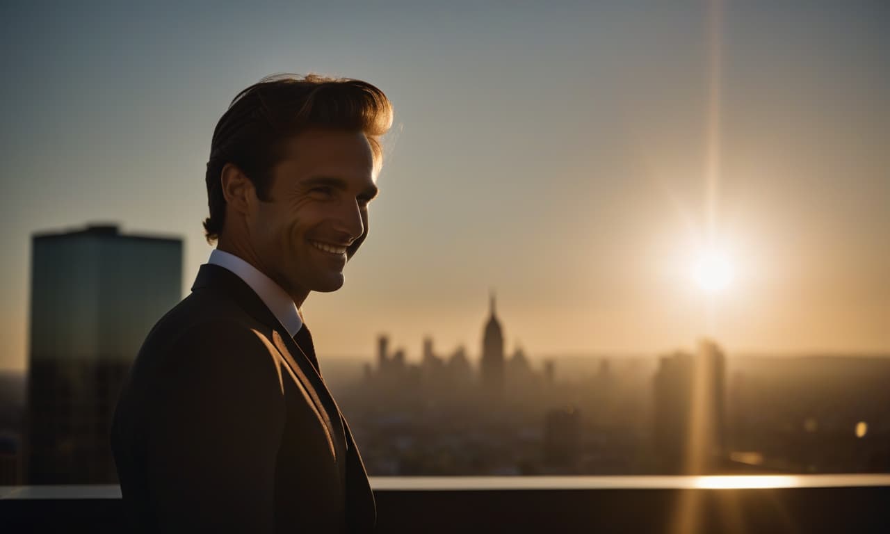  cinematic film still sunrise in the background, a piece of sun is visible, in the foreground a man in a suit, slightly smiles, close up face, looks at the camera, photorealism, in the background the silhouette of the city in a blurred focus is slightly dark. . shallow depth of field, vignette, highly detailed, high budget, bokeh, cinemascope, moody, epic, gorgeous, film grain, grainy