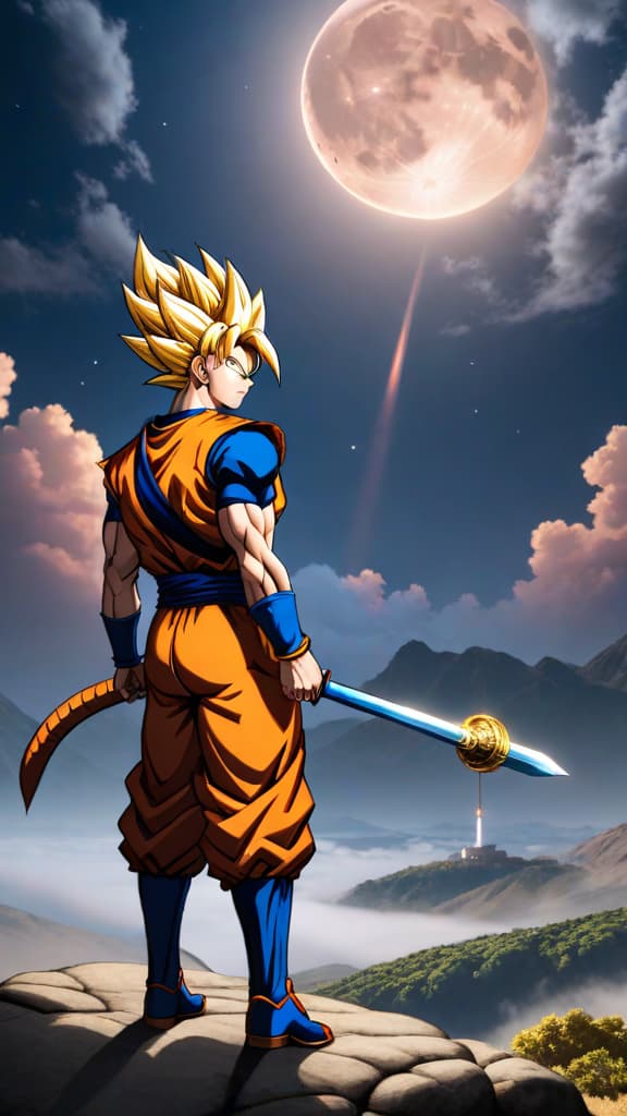  saiyan warrior from dragon ball, anime art, tail cut off, looking at the moon, feeling loss and vulnerability hyperrealistic, full body, detailed clothing, highly detailed, cinematic lighting, stunningly beautiful, intricate, sharp focus, f/1. 8, 85mm, (centered image composition), (professionally color graded), ((bright soft diffused light)), volumetric fog, trending on instagram, trending on tumblr, HDR 4K, 8K