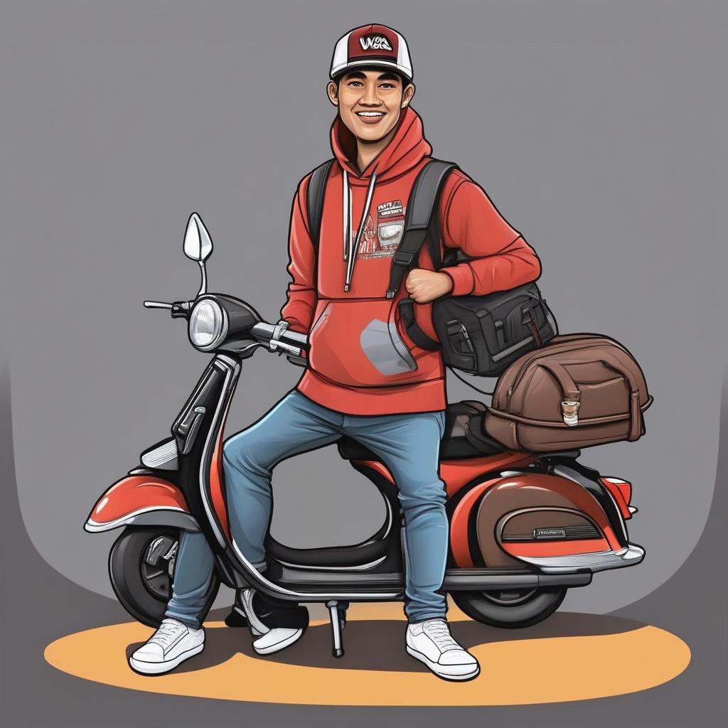  masterpiece, best quality, cartoon caricature with big head of an Seorang pria indonesia tersenyum, memperlihatkan giginya. Ia memiliki rambut hitam pendek cepak rapi, alis tebal, dan wajah oval dengan kulit coklat. Pria ini memakai hoodie,celana cargo pendek,kaos kaki panjang dan sepatu vans, sedang mengendarai Vespa di atas jalan aspal yang mulus. Latar belakangnya adalah pegunungan megah dengan awan indah, dan di tepi jalan terdapat pepohonan tropis background,Disney Pixar 3D character style