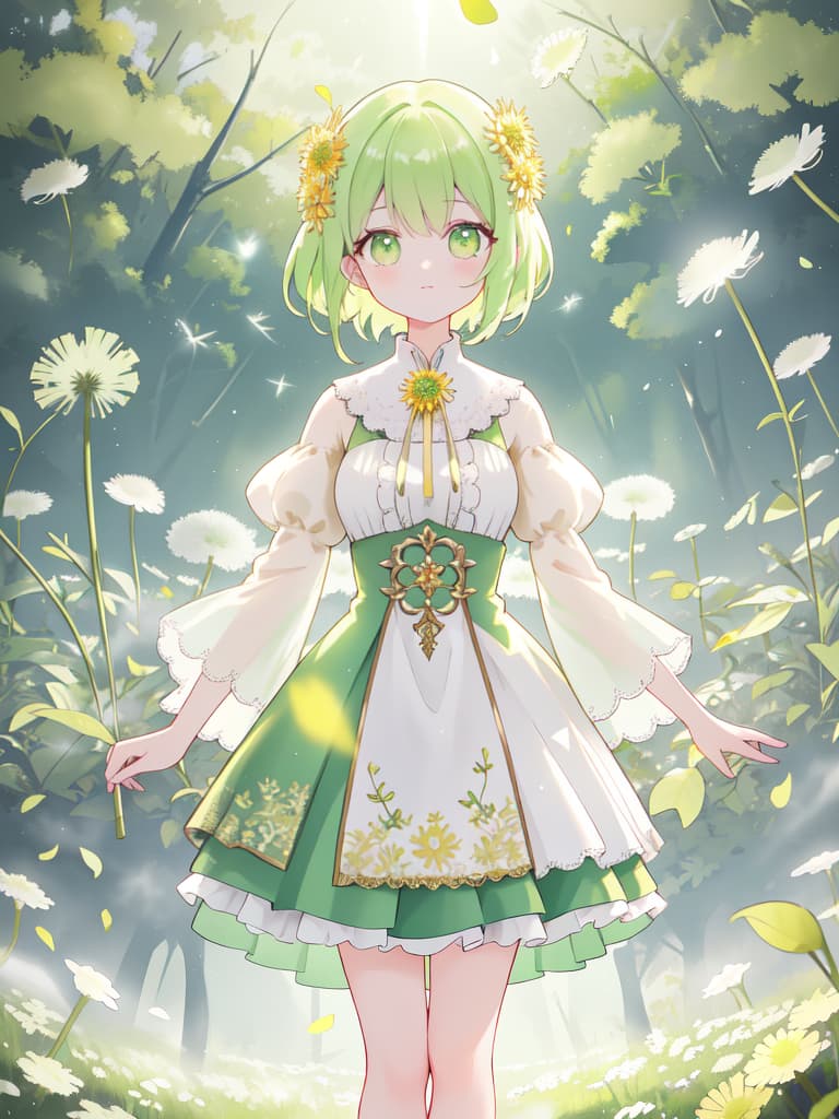  girls, whole body, dress, green hair, yellow green eyes, dandelion, masterpiece, best quality,8k,ultra detailed,high resolution,an extremely delicate and beautiful,hyper detail hyperrealistic, full body, detailed clothing, highly detailed, cinematic lighting, stunningly beautiful, intricate, sharp focus, f/1. 8, 85mm, (centered image composition), (professionally color graded), ((bright soft diffused light)), volumetric fog, trending on instagram, trending on tumblr, HDR 4K, 8K