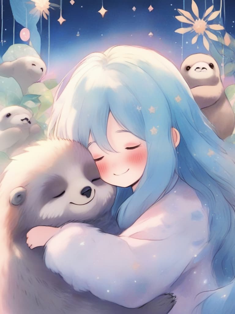  masterpiece,(((light tones))),one girl,{{two toned hair color: (delicate pink hair color),(((delicate light blue hair color)))},fluffy hair,eyes closed,smiling,hugging a fluffy stuffed sloth,face focus,stardust background,dream world,high quality,16k