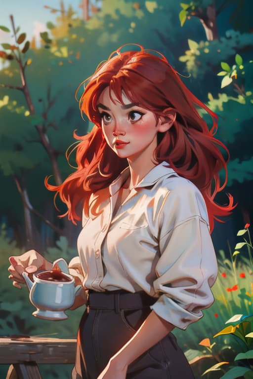  a red haired asian woman is drying coffee beans on a coffee drying slab in the forest., bichu,oil painting,impressionism advertising photo,high quality, good proportion, masterpiece , the image is captured with an 8k camera