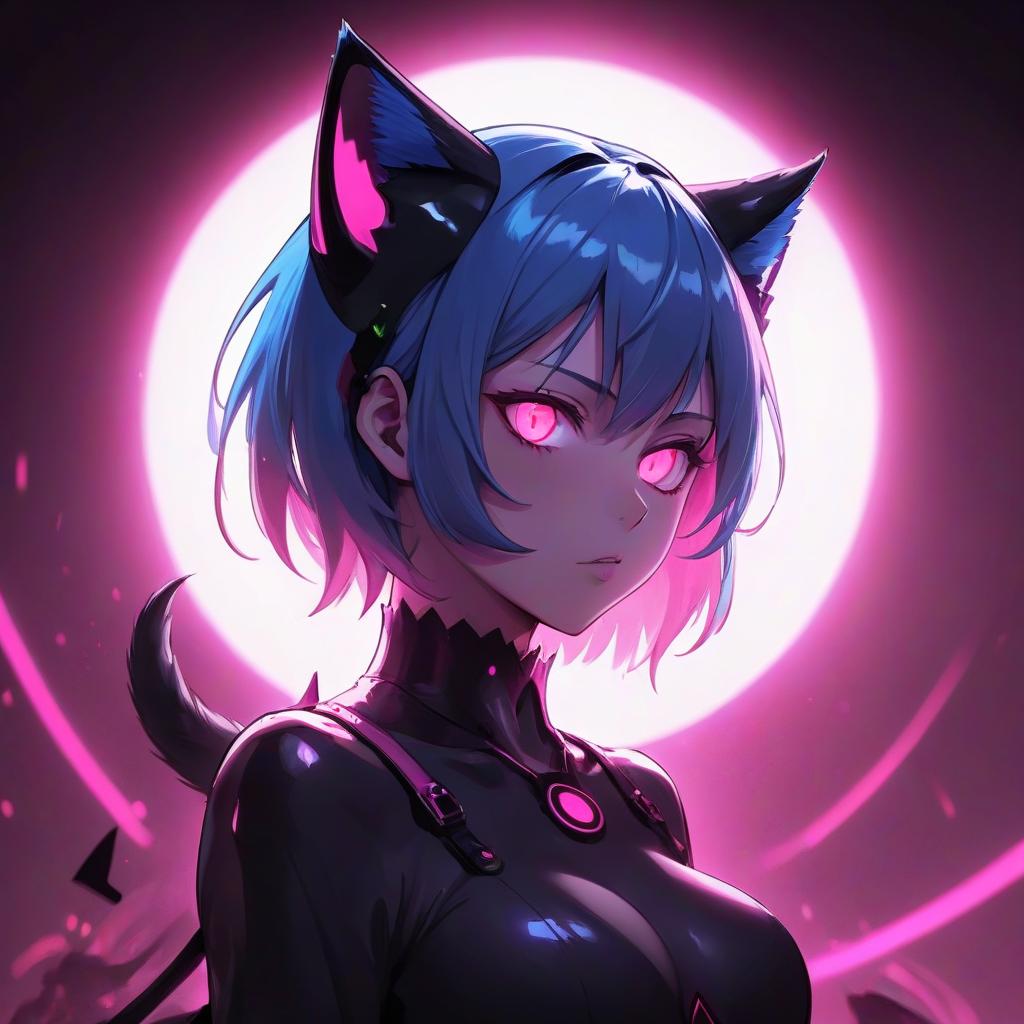  a close up of a person with blue hair, metal cat ears and glowing eyes, anime picture, deep crimson and dark shadows, perfect female body silhouette, bitcoin evil, ((pink)), style of madhouse anime, portrait of evil girl, it is night, looming head, glowneon