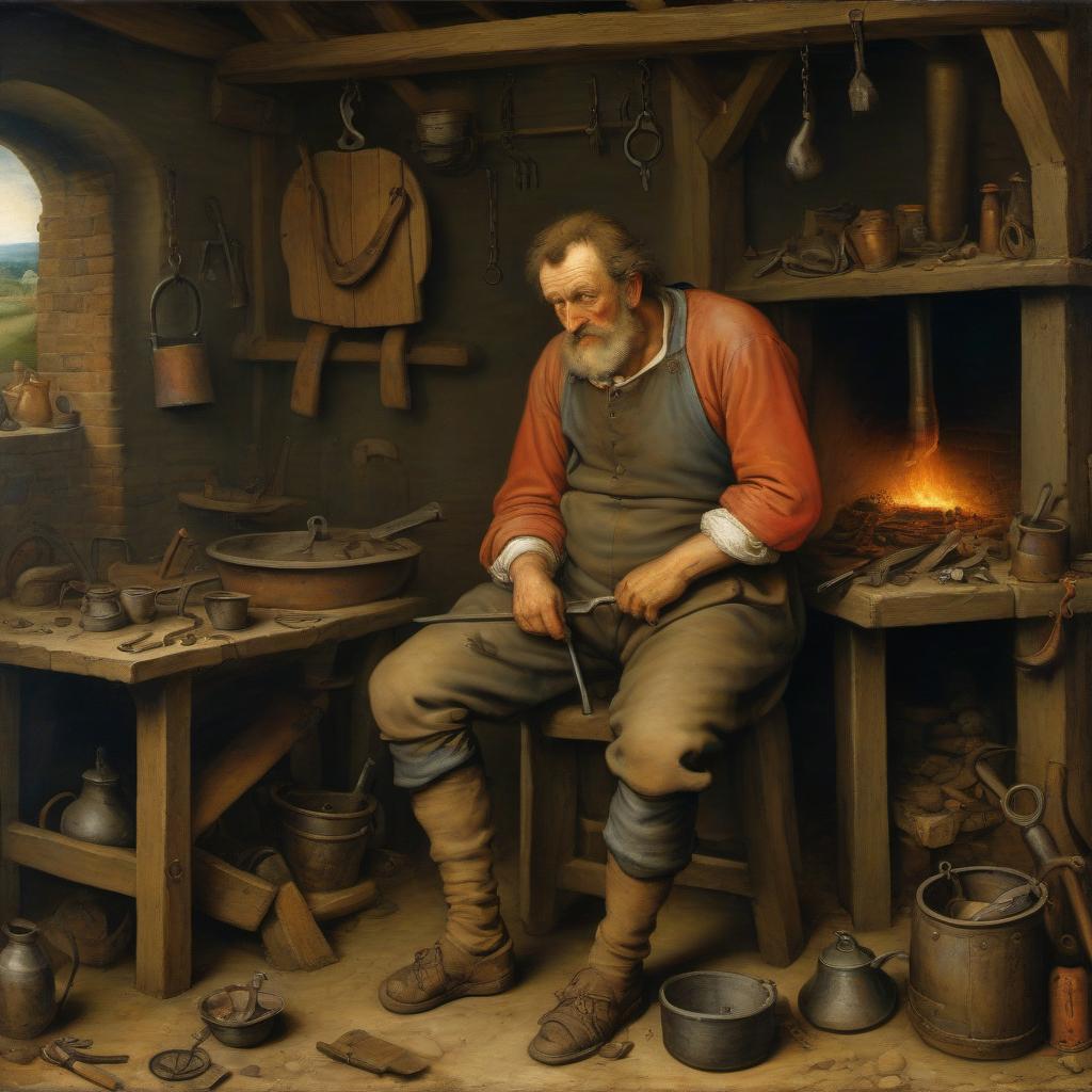  a painting by peter brueghel. the tired old blacksmith sat down on a box in the forge.. his arms hang from his knees.