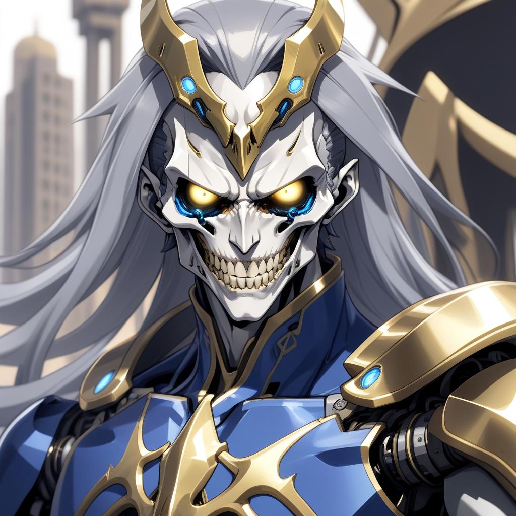  a close up of a person with a weird face, ainz ooal gown, male cyborg, long shiny hair, marc brunet, cyber augmentation implant, large long pointy teeth, gray men, gold highlights, eboy, the style of wlop, humanoid car head, vergil, transparent face