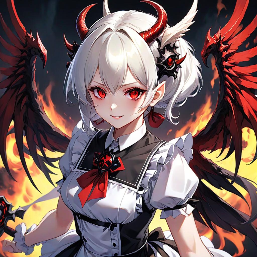  anime artwork anime, maid, girl, demon, grin, red eyes, black pupils, elven ears, white skin, short white hair, kare, black horns, thin handles, huge demonic black wings, black tail, monotonous light background . anime style, key visual, vibrant, studio anime, highly detailed