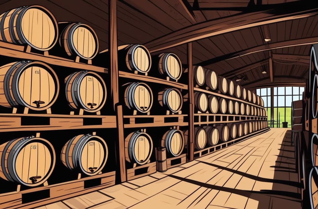  comic rows of barrels in winery background flat design front view rustic theme animation vivid ar 3:2, graphic illustration, comic art, graphic novel art, vibrant, highly detailed