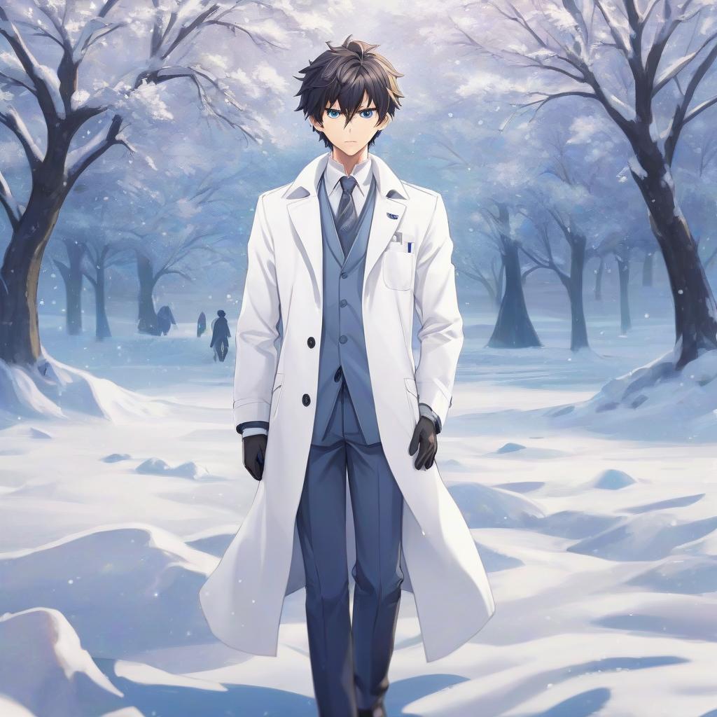  anime artwork a snow field, standing a man in a white coat . anime style, key visual, vibrant, studio anime, highly detailed