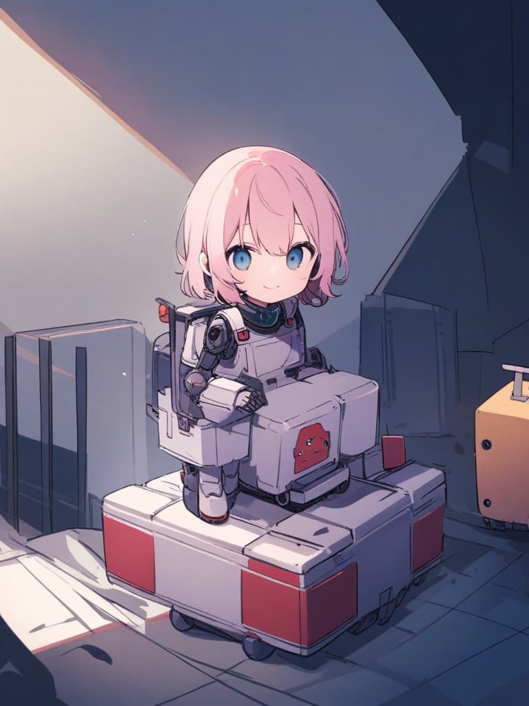  square box type tin bot, square box type robot, little girl, square girl, box robot girl, pink hair short hair, blue eyed, cute smile, neck robot, crawl type boot robot, overall body robot, whole body ,,,