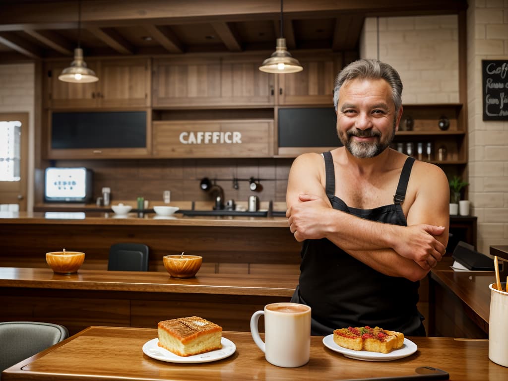  cafe counter, elbow on the desk, men in their 50s, shy smiles, front, masterpiece, best quality,8k,ultra detailed,high resolution,an extremely delicate and beautiful,hyper detail