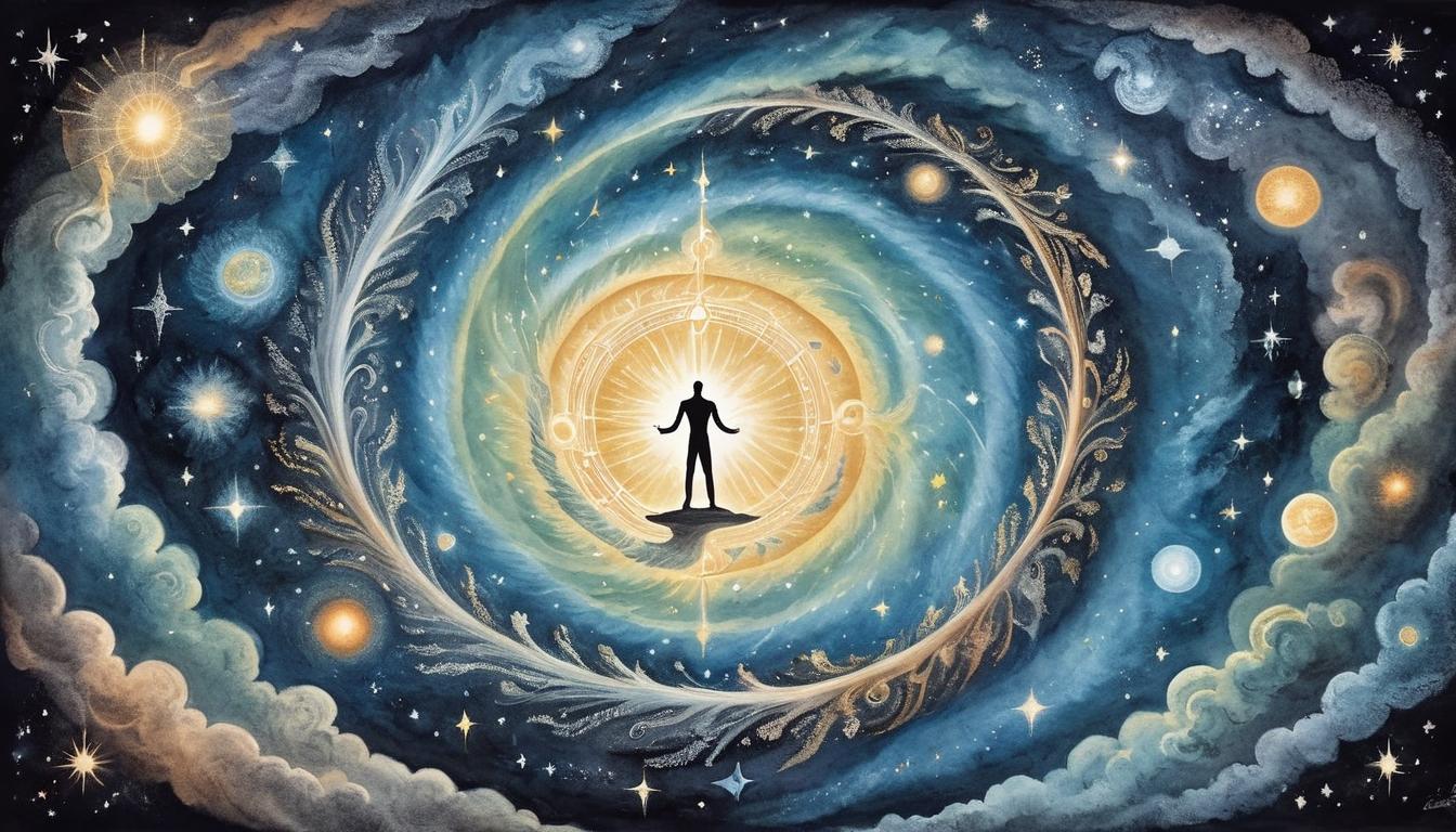  on parchment, surrealism+++, a celestial being, arms outstretched, light and dark energy swirling around, standing in the center of a cosmic vortex, illuminating night sky, symbolizing invincibility, perfect balance(mysterious, provocative, symbolic,muted color)+++