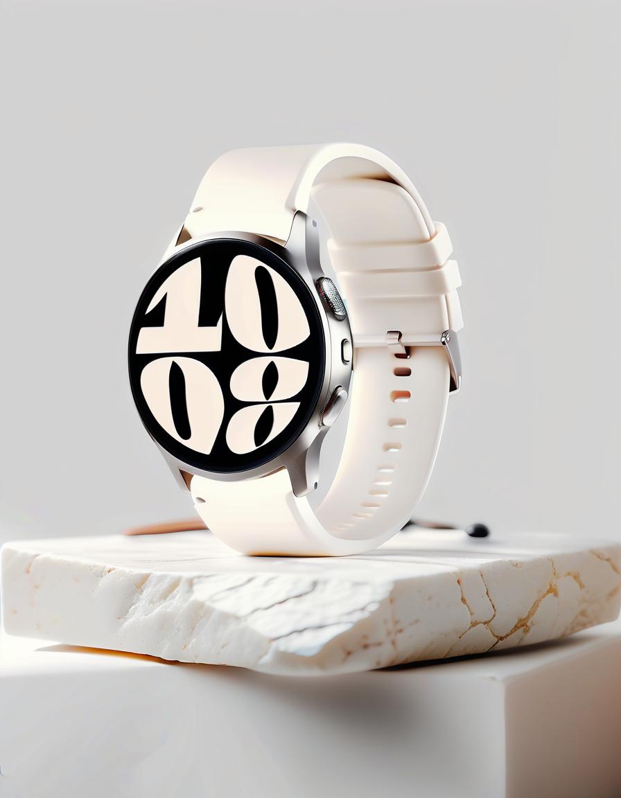  smart watch on white stone, light background, film photography style