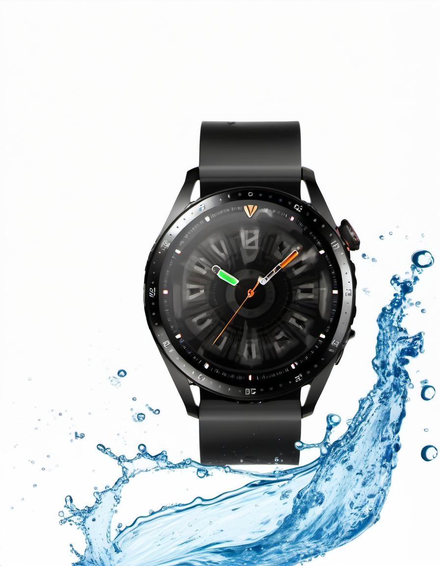  smart watch on a white background, around water splash, film photography style