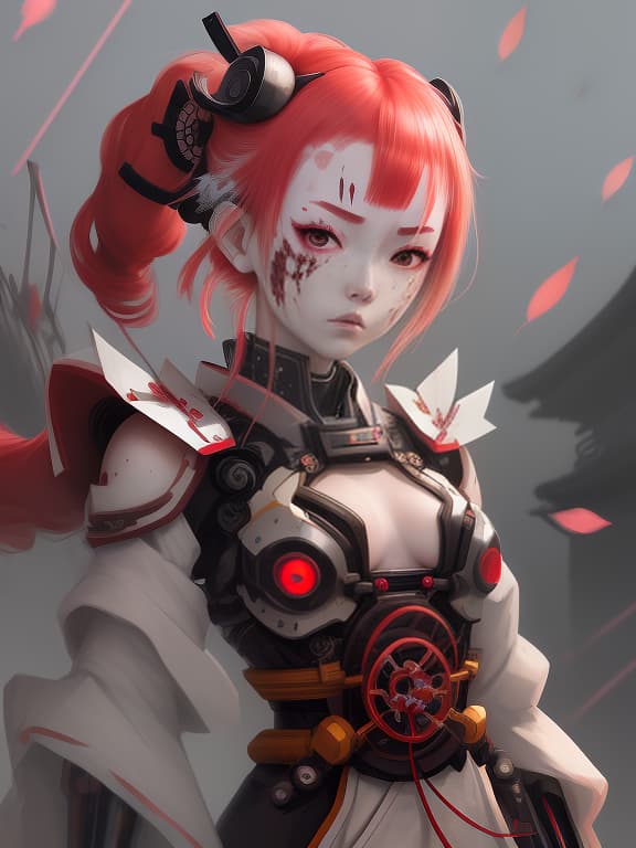  a cyborg samurai girl with sakurai petals sticking out of her head. pale skin, scarlet hair, black eyes, mechanical body, cracks on her face, lots of electronic wires, traditional samurai clothes. full length reference