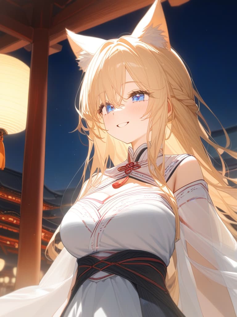  blond, blue eyes, night, big moon, shrine maiden, wolf ears, up, smile, masterpiece, best quality,8k,ultra detailed,high resolution,an extremely delicate and beautiful,hyper detail