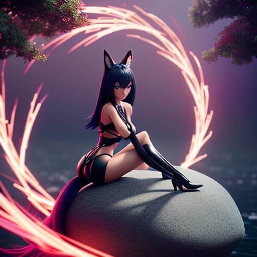 Anime art A beautiful black woman kumihimo sits on a large stone, a slender vixen, with nine fluffy tails behind her, seduction, beauty, enchantment, revelation, a clear pond, Anime style photo, Manga style, Digital art, glow effects, Hand drawn, render, 8k, octane render, cinema 4d, blender, dark, atmospheric 4k ultra detailed, cinematic sensual, Sharp focus, humorous illustration, hyperrealistic, big depth of field, Masterpiece, colors, 3d octane render, 4k, concept art, trending on artstation, hyperrealistic, Vivid colors hyperrealistic, full body, detailed clothing, highly detailed, cinematic lighting, stunningly beautiful, intricate, sharp focus, f/1. 8, 85mm, (centered image composition), (professionally color graded), ((bright soft diffused light)), volumetric fog, trending on instagram, trending on tumblr, HDR 4K, 8K