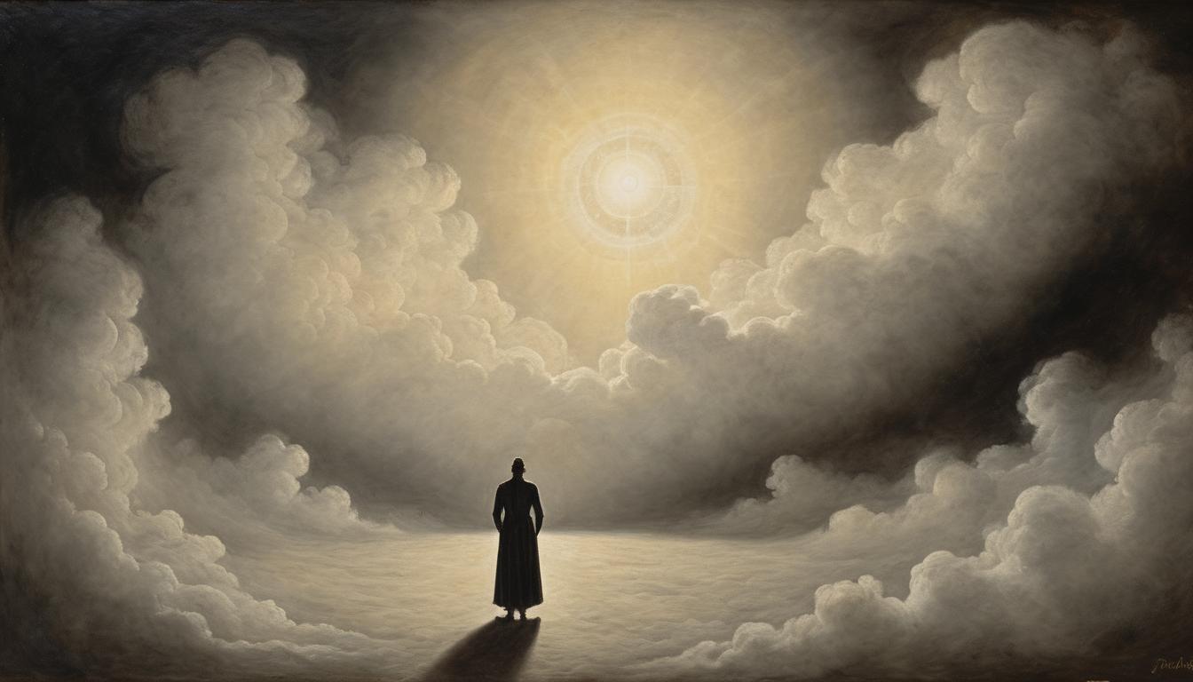  on parchment, surrealism++, bright light piercing through dark, nebulous cloud, figure emitting light, dramatic contrast, illumination, clarity, exposure(mysterious, provocative, symbolic)++