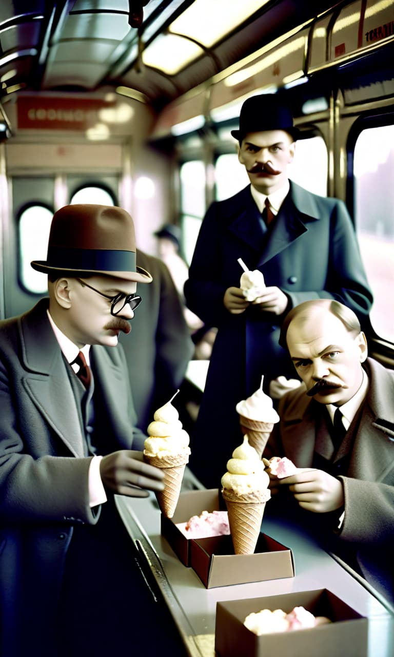  analog film photo trotsky and vladimir ilyich lenin in costumes of the early 20th century eat ice cream from boxes on the train. . faded film, desaturated, 35mm photo, grainy, vignette, vintage, kodachrome, lomography, stained, highly detailed, found footage